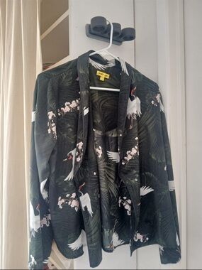 Dark Green Crane-Print Open Blazer Jacket